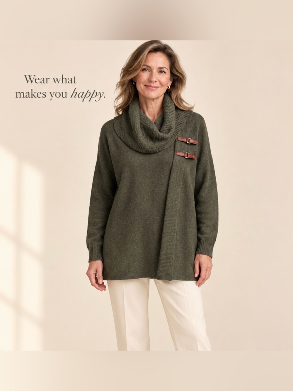 Ellen Tracy 100% Merino Wool Cowl Neck Buckle Sweater M